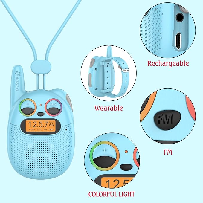 Qniglo Walkie Talkies for Kids Rechargeable 2 Pack,Christmas Birthday Gifts Toys for Age 3-12 Boys Girls, Long Range Kids Walkie-Talkie with FM Radio for Family Adventure Camping Hiking Spy Games