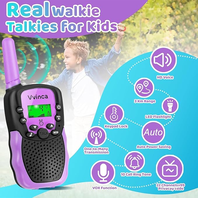 Vvinca Walkie Talkies for Kids, Rechargeable Walkie Talkie 2 Pack Toy Gift for 3-12 Year Old Girl Boy with 22 Channel 2 Way Radio Flashlight 3 Mile Long Range for Adventure Game Camping Outdoor