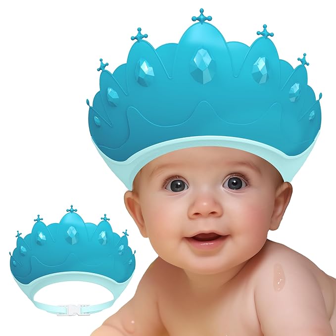 Baby Shower Cap Shield, Baby bath set shower cap, Visor Hat for Eye and Ear Protection for 0-9 Years Old Children,Cute Crown Shape Makes the Baby Bath More Fun (Blue)