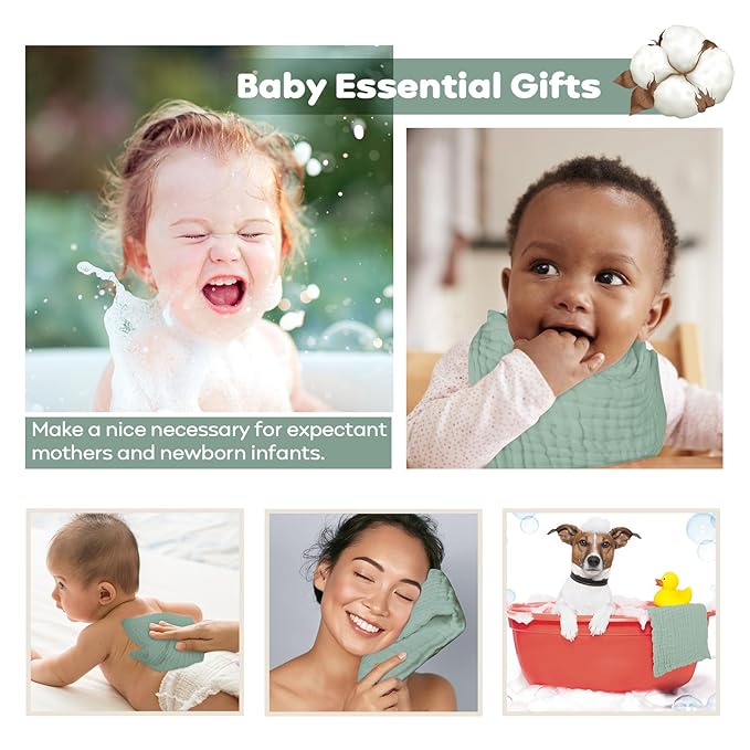 Yoofoss Muslin Baby Washcloths 100% Organic Cotton Face Towels 10 Pack Wash Cloths for Baby 12x12in Soft and Absorbent Baby Wipes (Dark Green)