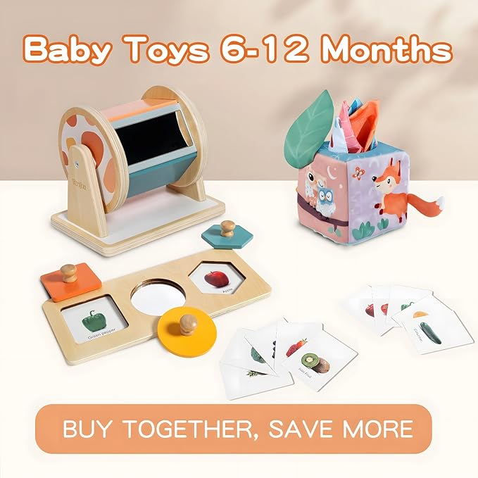 Montessori Toys for Babies 6-12 Months - 3 in 1 Baby Toys Play Kit - Medium Spinning Drum - Baby Tissue Box Toy - Peekaboo Knob Puzzle with Cards - Learning Educational Toy for Boys and Girls