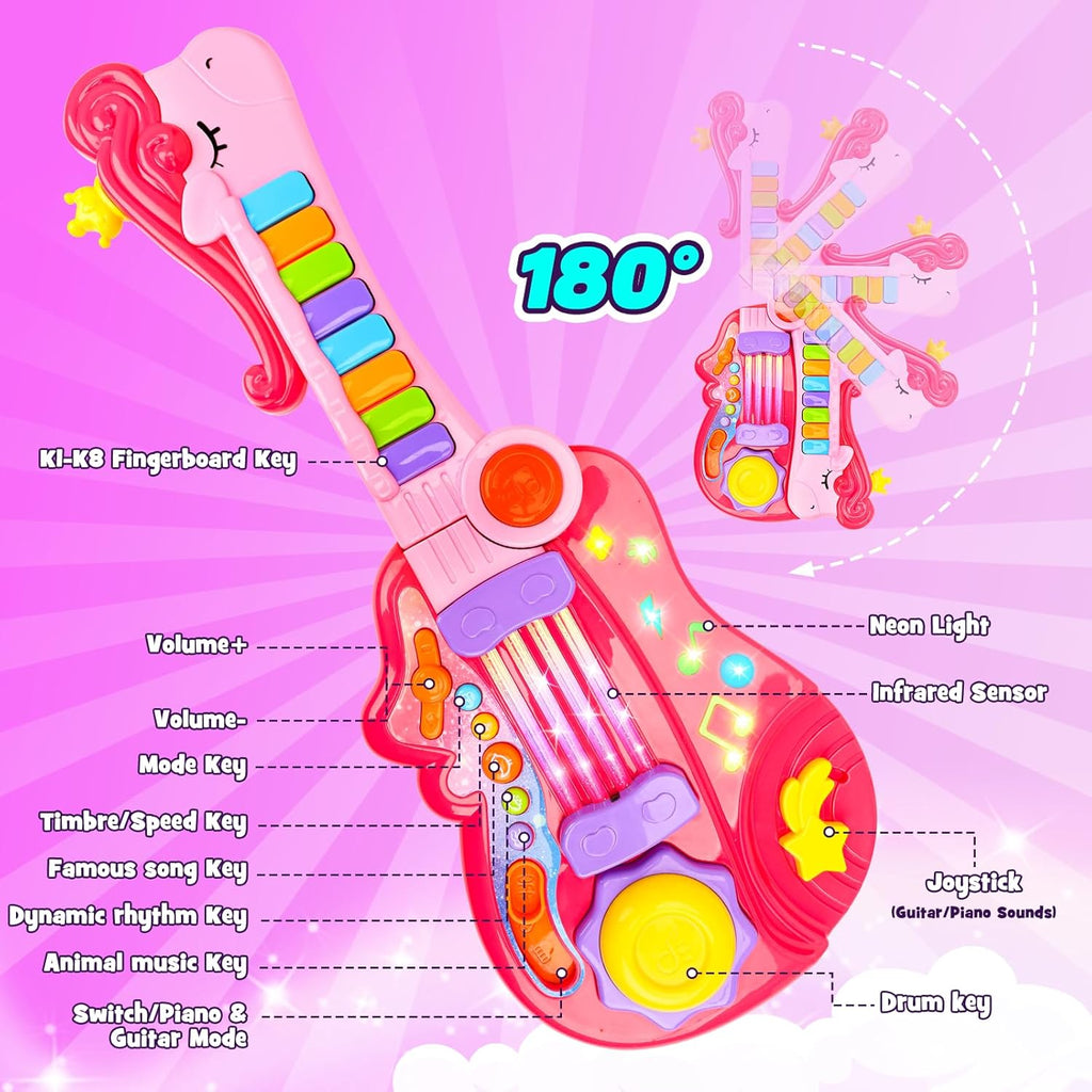 Kids Guitar Toy for 3 Year Old Girl Gift 2-in-1 Electric Guitars with Piano Mode for Toddlers 2-4 Light Up Music Toys for 2 3 4 5 Year Old Girls Boys Gifts