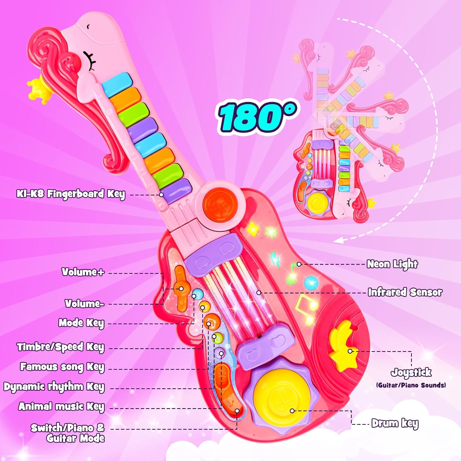 Kids Guitar Toy for 3 Year Old Girl Gift 2-in-1 Electric Guitars with Piano Mode for Toddlers 2-4 Light Up Music Toys for 2 3 4 5 Year Old Girls Boys Gifts