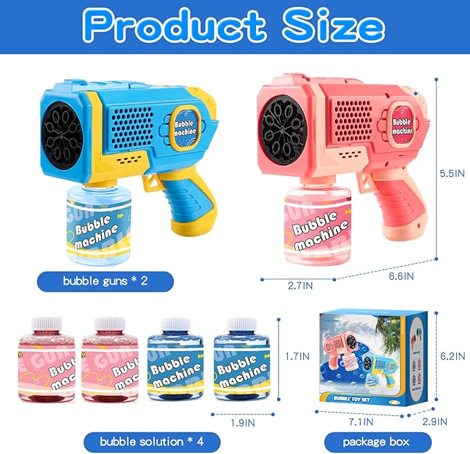 EagleStone 2 Pack Bubble Gun Machine for Kids, Automatic Light Up Bubble Blower with 4 Bottles 10 Bags Refill Solution, Bubble Guns Blaster for Toddlers, Outdoor Toys Gifts, Wedding Easter Party Favor