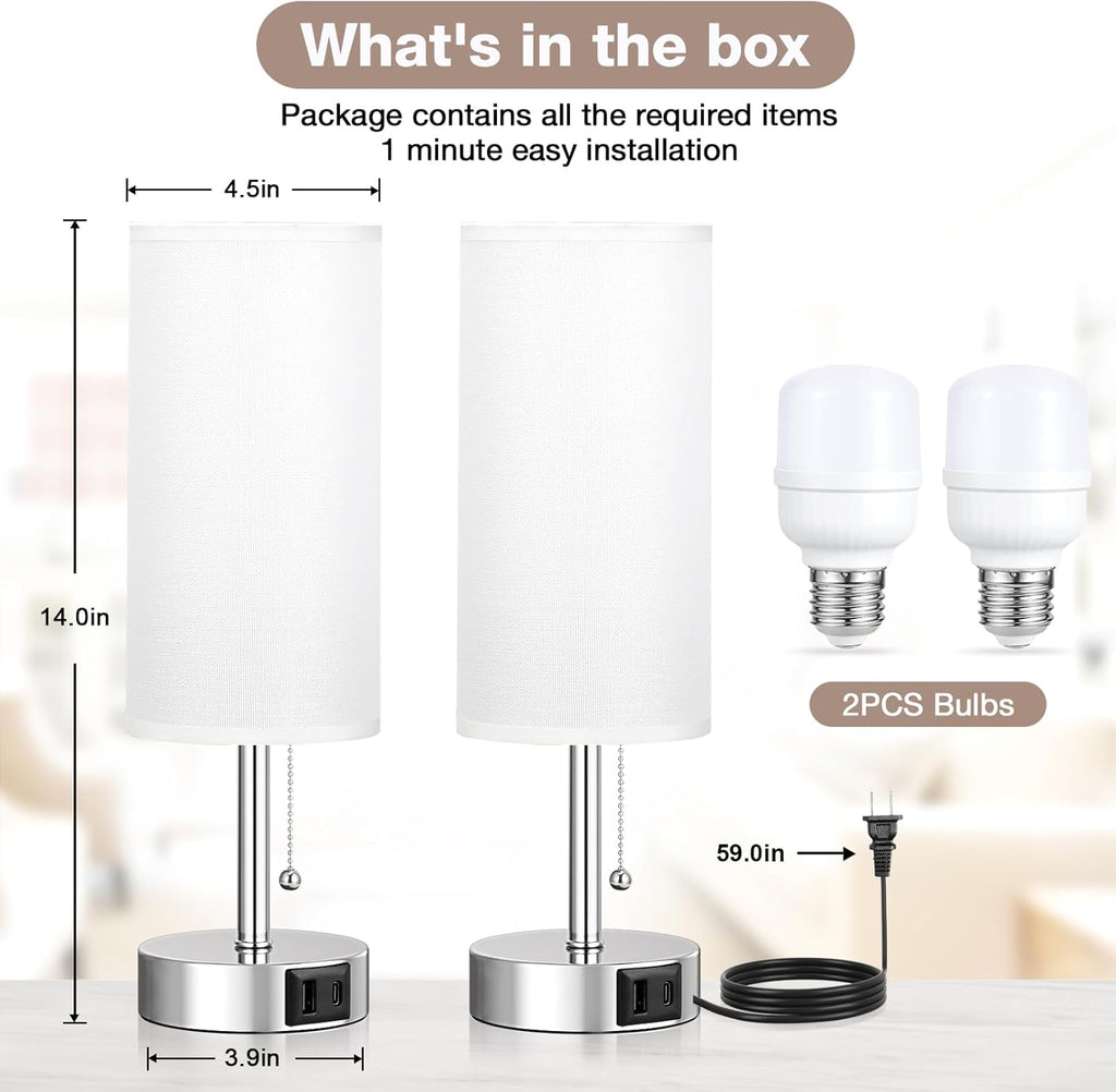 White Bedside Lamps for Bedroom Set of 2 - Nightstand Lamp with USB Charging Port, 3 Color Temperatures, Silver Base Night Stand Light, Side Table Desk Reading Lamp Dorm Room
