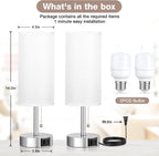 White Bedside Lamps for Bedroom Set of 2 - Nightstand Lamp with USB Charging Port, 3 Color Temperatures, Silver Base Night Stand Light, Side Table Desk Reading Lamp Dorm Room