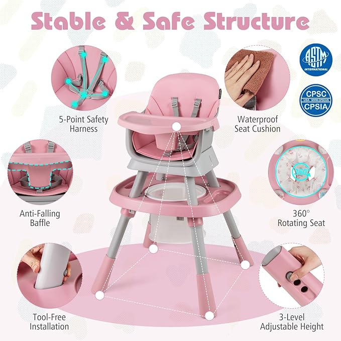 HONEY JOY 16-in-1 Baby High Chair, Convertible Highchair for Babies and Toddlers/Booster Seat/Activity Center with Toys, Building Block Table & Stool, Safety Harness, Removable Cushion & Tray (Pink)