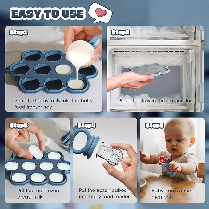 Baby Fruit Food Feeder & Breastmilk Popsicle Molds for Teething Relief, Baby Feeding Sets, 1 Freezer Tray with Lid & 1 Teether Toy & 1 Silicone Teething Pacifier Feeder, Extra Food Pouches (Blue)