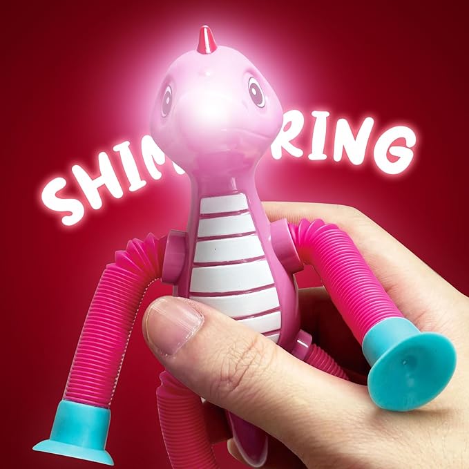 Dinosaur Pop Tubes Toys LED Light Up Mini Figures Fidget Sensory Toys Dino Telescopic Suction Cup Gift Sets, Toddler Autism Stress Relief Party Favors Prizes Stocking Stuffers for Kids 3+