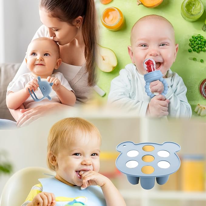 Baby Fruit Feeder & Breastmilk Popsicle Molds – 3-Pack Set with Freezer Tray, Teether Toy, Silicone Pacifier, and 3 Extra Mesh Sizes – (Sky Blue)