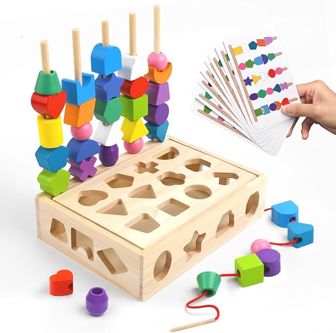 3 in 1 Wooden Color Sorting Stacking Toys, Montessori Toys Geometric Shape Sorter Matching Lacing Beads Sequencing Toy Set Preschool Learning Fine Motor Skills for Toddlers 3 4 5 Years
