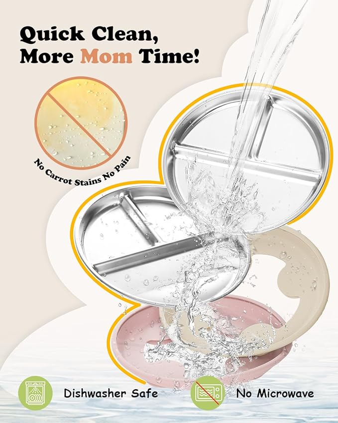 Stainless Steel Toddler Suction Plate with Lid, Deeper 9" Divided Plates with Removable Silicone Sleeves for Kids, Non Toxic & BPA Free | Unbreakable Baby Snack Dishes Set of 2,Pink & Beige