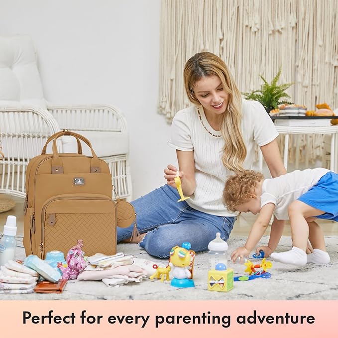 Dikaslon Diaper Bag Backpack with Portable Changing Pad, Pacifier Case and Stroller Straps, Large Unisex Baby Bags for Boys Girls, Multipurpose Travel Back Pack for Moms Dads, Tan