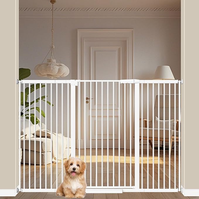 WAOWAO 40.55" Extra Tall 1.37" Ultra Narrow Spacing 53.74-61.61" Extra Wide Dogs Pets Baby Gate Safety Indoor Puppy Pressure Mounted Gate No Drill White Metal for Stairs,Doorways,Kitchen,Hallway