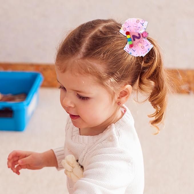 Birthday Hair Bow for Baby Girls 1 2 3 4 5 6 Year Old Sprinkle Hair Clips Happy Birthday Decorations for Girls Toddlers With Pom-Poms Ice Cream Candy Party Pink Hair Accessories for 2nd Sweet Party