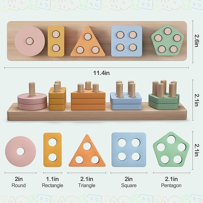 PEBIRA Montessori Toys for 1 2 Year Old, Wooden Sorting and Stacking Toys for Toddlers, Baby Shape Sorter and Color Stacker Blocks for Toddler, Preschool Learning Toy, Gift for 12-18 Month Boys Girls