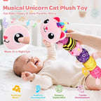 Baby Sensory Toys 0-6 6-12 Months, Musical Animal Stuffed Plush Unicorn Cat Toy for Infant 0-3-6 Months & Up, Tummy Time with Mirror Crinkle Rattle, Christmas Baby Shower Gifts for Newborn Boys Girls