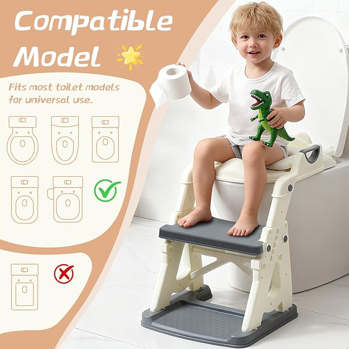 Potty Training Toilet Seat for Toddlers,2 in 1 Toddler Toilet Seat with Steps, Grey Adjustable Toddler Seat for Boys Girls,with Anti-Slip Steps Splash Guard Safety Handles.