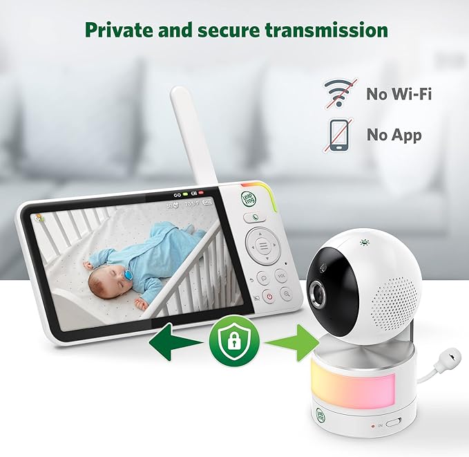 LeapFrog LF915-2HD Baby Monitor, 2 Cameras, 5” 720p Screen, 360° Pan-Tilt-Zoom, Color Night Vision, Night Light, Two-Way Intercom, Secured Transmission No WiFi