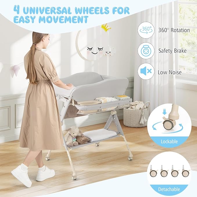 BABY JOY Portable Baby Changing Table, Foldable Diaper Changing Station w/Wheels, Adjustable Height, Large Storage Rack, Water Basin, Safety Belt, Mobile Nursery Organizer for Newborn Infant (Gray)