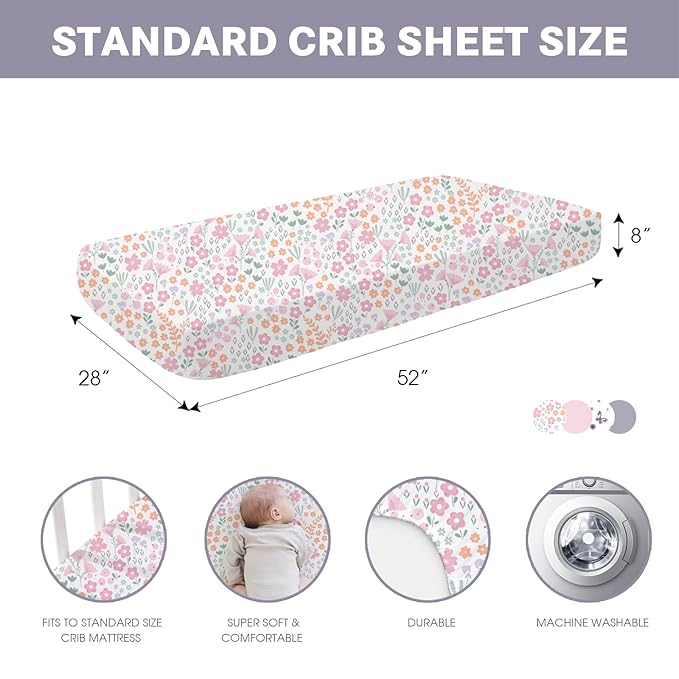 Bimocosy Baby Crib Sheets for Girls, Fitted Crib Sheet 4 Pack for Standard Crib and Toddler Mattresses, Super Soft Breathable Microfiber Baby Sheet 28x52x8in, Ditsy Floral/Pink/Butterfly/Purple