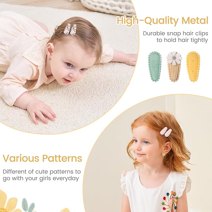 YLEN YHXX 60 PCS Snap Hair Clips for Baby Girls - Floral Print Non-Slip Wrapped 1.5 Inches Mini Clips - Cute Fine Hair Accessories for Infants and Toddlers