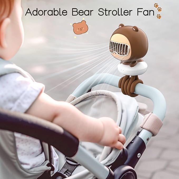 Cute Bear Stroller Fan Clip On for Baby, Portable Bladeless Fans 4 Speeds Oscillating, 4000mAh Rechargeable Battery Powered, Flexible Tripod Strong Cooling for Bedside Crib Car Seat