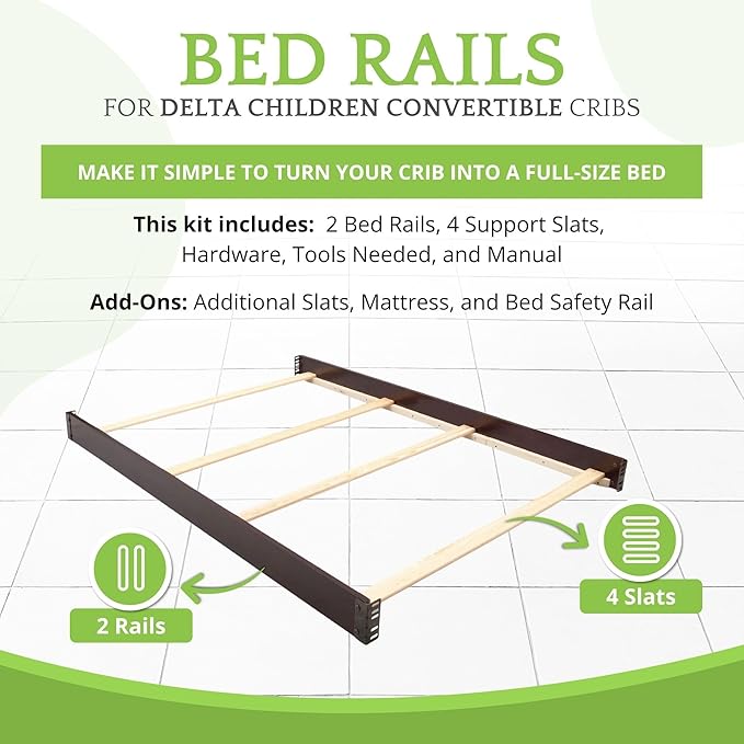 Full-Size Conversion Kit Bed Rails Compatible with Delta Children Convertible Cribs - Solid Wood Rail #0050 - Toddler & Adult Bed Rail for Full-Size Beds - Baby Furniture (Dark Chocolate - 207)