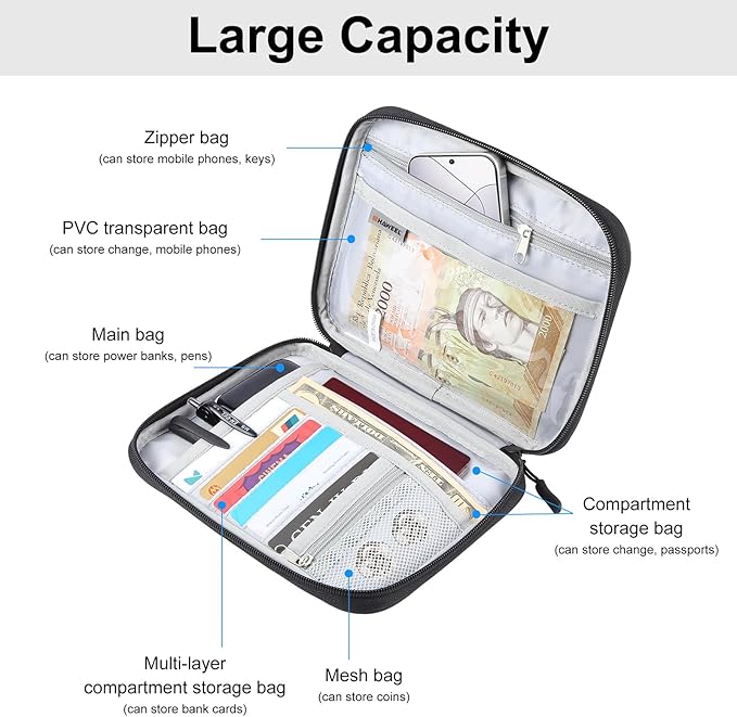 RFID Passport Wallet for Women/Men,Tote Passport Holder for Travel Family,Portable Travel Premium Wallets,Waterproof Passport Holders Bag,Travel Document Organizer Credit Cards Case(Black-Large)