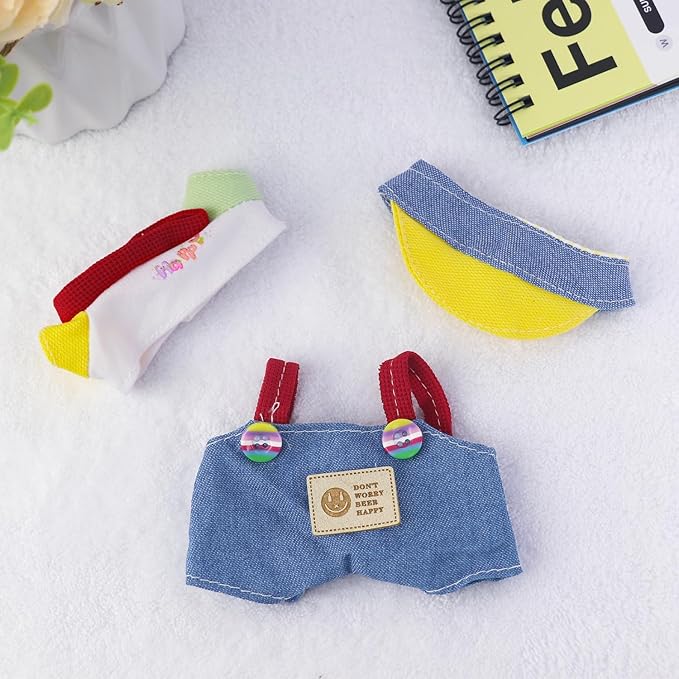 Adorable 3 Pcs Mini Doll Clothes Set – Hat, T-Shirt & Candy Bib Pants for 15cm/17cm Dolls – Vibrant Outfits & Accessories Fits 15cm Dolls (No Doll)