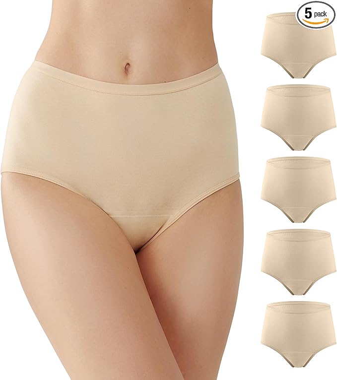 BATTEWA Incontinence Underwear for Women Washable, Leak Proof Underwear High Waist Cotton,Bladder Leakage 50ML (5Beige, Large, 5 Pack)