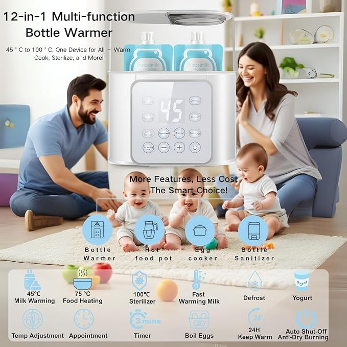 Double Bottle Warmer, LSZY Baby Bottle & Food Heater -Fast Milk Warmer for Breastmilk/Formula w/20 Bags, 45/75/100°C, 24H Keep Warm, Sanitize, Thaw Egg Cooker
