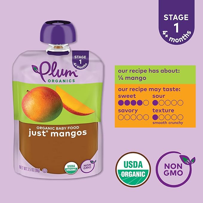 Plum Organics Just Mangos, 4+ Months - Organic Baby Food Pouches, 3.5 oz Pouch (Pack of 6)