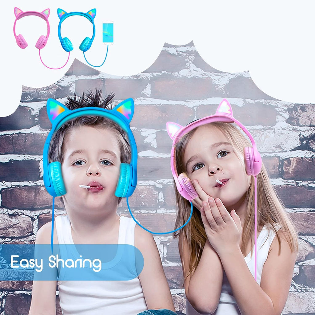 Olyre Kids Headphones with Sharing Port and Microphone, Girls Boys Headphone LED Cat Ears 85dB Volume Limited for Children/Toddler Wired On Ear for Tablets/E-Readers/Online/School/Travel - Blue