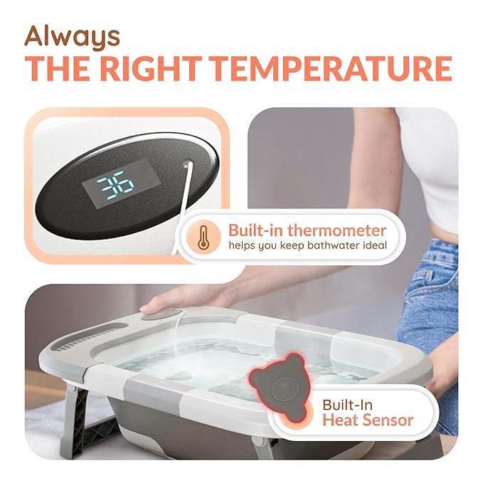 Collapsible Bathtub Baby for Infants & Newborns w/Thermometer, Drain Plug with Heat Sensor & Scoop – Compact Travel Baby Bath Space-Saving Bath for Travel, Shower & Small Bathrooms