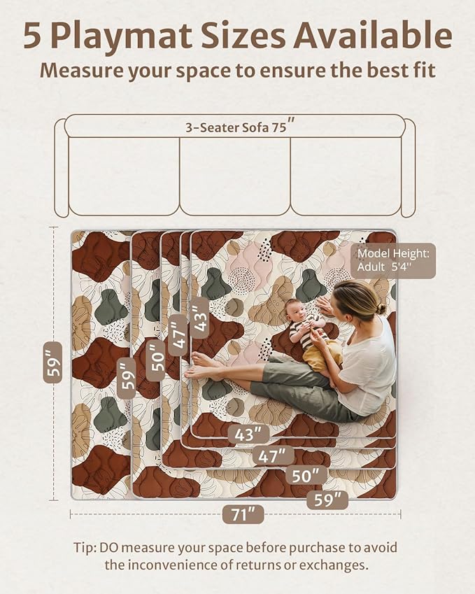 Blissful Diary Baby Play Mats for Floor, 50x50 Crawling Mat for Playpen, Thicken Soft Padding Foam Playmats for Babies and Toddlers Infants, Foldable and Machine Washable, Boho Design