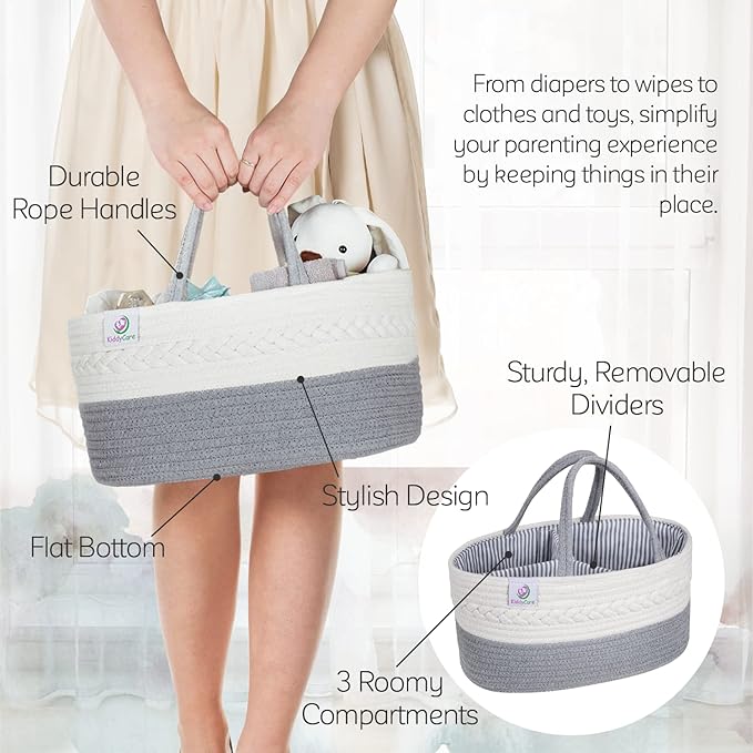 Kiddycare Woven Diaper Caddy Basket with Handle Lid, Diaper Caddy Basket with Dividers for Baby Boy/Girl Nursery, Baby Gift, Gray, Large