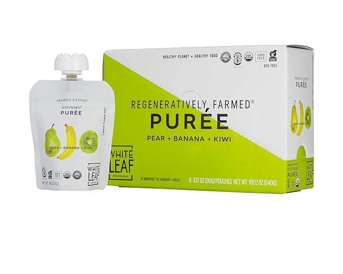 White Leaf Provisions Organic Purees / Baby Food Pouches - Fruits, Veggies & Grains, Toddler snack, Regeneratively Farmed, No Added Sugar, Non-GMO, BPA-Free Pouches 3.17 oz (Pack of 24, Pear + Banana + Kiwi)