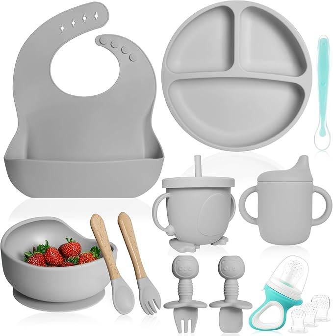 Bluet B- Silicone Baby Feeding Set with Pacifier - Baby Led Weaning Supplies - Baby Spoons, Suction Bowl - Plate - Baby Utensils Set - Silicone Feeding Set for Baby First Foods - 11pcs - Gray