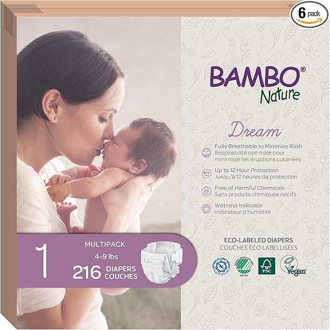 Bambo Nature Hypoallergenic Baby Diapers, Eco-Labelled Sustainable Diapers, Enhanced Leakage Protection, Totally Chlorine-free, Skin Friendly, and Super Absorbent - Size 1 (216 Count)