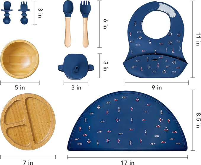 Bamboo Baby Feeding Set for Infants & Toddlers - Baby Essentials, Non-Toxic, Sustainable, Bamboo Suction Plate & Bowl, Bib, Sippy Cup w/Lid & Straw, Perfect Baby Shower Gifts (Midnight Blue)