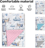 Personalized Infant Swaddle Blanket – Soft Flannel with Double-Layer Dotted Backing – Aircraft and Hot Balloon Design