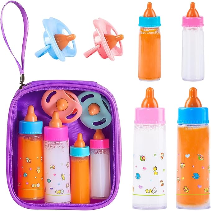 SCOM Baby Doll Bottle Accessories - 6 Pcs Feeding Bottle Toys, Magic Disappearing Milk & Juice, Pretend Play Set with Pacifiers Kids Gift Purple
