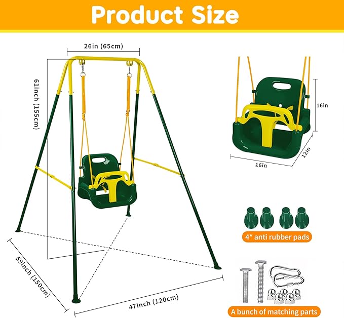 4 in 1 Toddler Swing Set & Baby Jumper, Heavy Duty Kids Swing with Bouncer, Foldable Metal Stand for Indoor & Outdoor, Easy Install & Store (Dark Green)