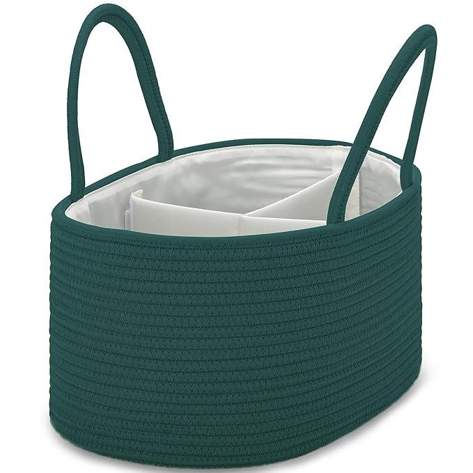 COMSE Large Baby Diaper Caddy Organizer for Girl Boy, Car Caddy with Handles, Cotton Rope Basket for Changing Table, Nursery Organizer, Gift for Baby Shower and Registry Must Have, Dark Green