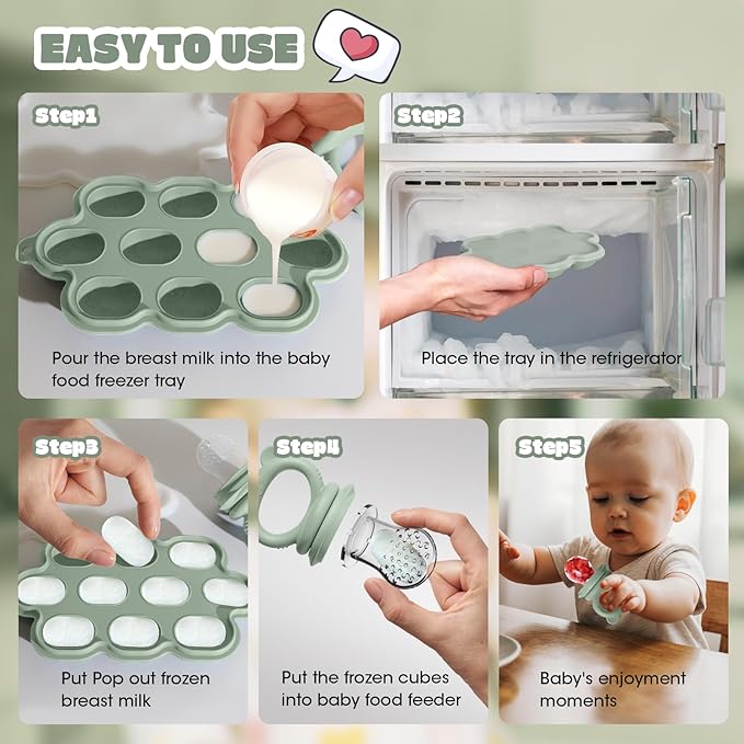 Baby Fruit Food Feeder & Breastmilk Popsicle Molds for Teething Relief, Baby Feeding Sets, 1 Freezer Tray with Lid & 1 Teether Toy & 1 Silicone Teething Pacifier Feeder, Extra Food Pouches (Green)