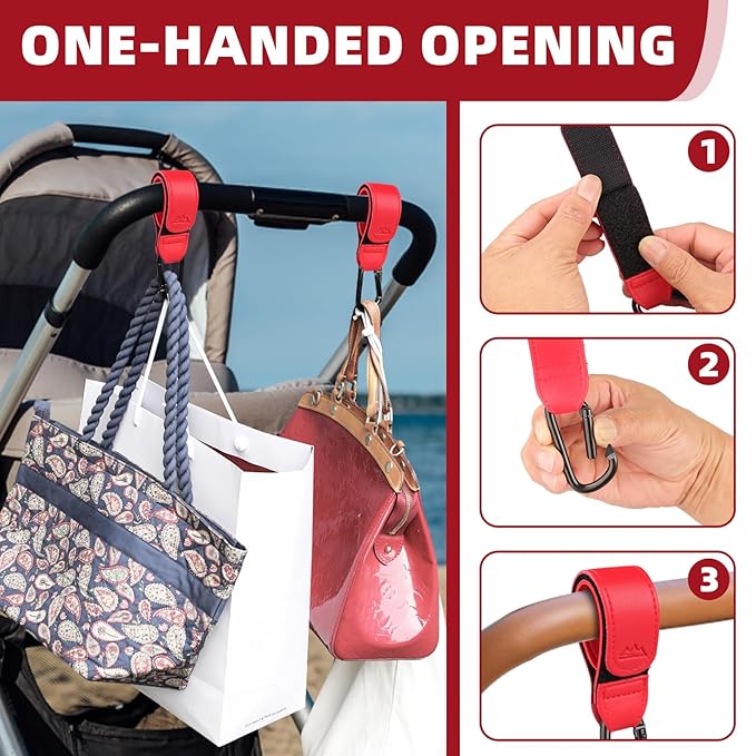 Baby Stroller Hooks Bag Hooks for Hanging Diaper Bags Multipurpose Hooks for Grocery Shopping Bags Premium Vegan Leather Pram Straps 2 Pcs (red)