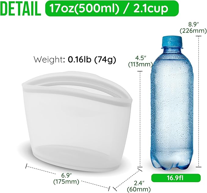 Premium Platinum Silicone Reusable Food Storage Bag 2.1 Cup (17 fl oz), Airtight Zip Lock Bags for Food, BPA-Free Silicone Freezer Bags, Microwave Safe Sous Vide Container, White