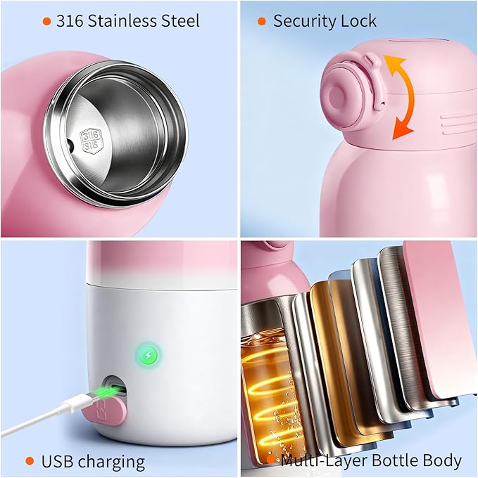 Portable Bottle Warmer, Large 12oz Capacity with Dual Heating Modes for Breast Milk & Water, Smart Temperature Control, Long Battery Life, Bottle Warmer for Outdoor, Airplane & Car Travel, Pink