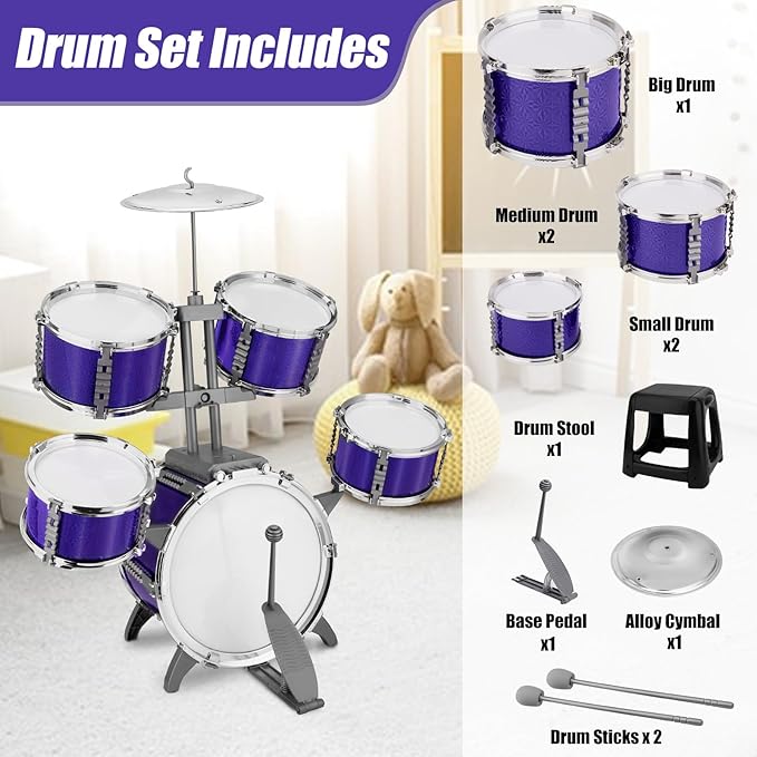 Kids Jazz Drum Set Rock Kit Toys for 3-7 Year Olds - 5 Piece Toddler Band Musical Instrument Educational Percussion Birthday Playset